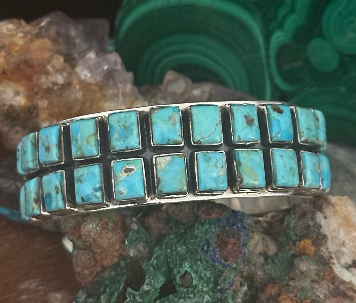 Turquoise row square block sterling silver cuff