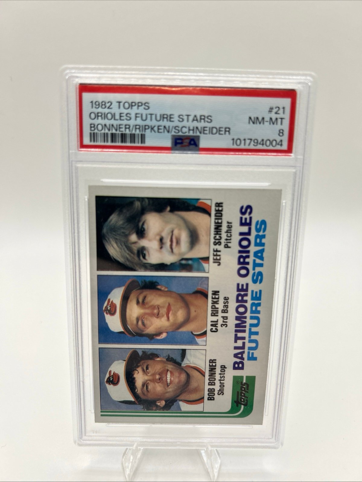 1982 Topps Future Stars #21 Cal Ripken, Jeff Schneider, Bobby Bonner (RC) PSA 8