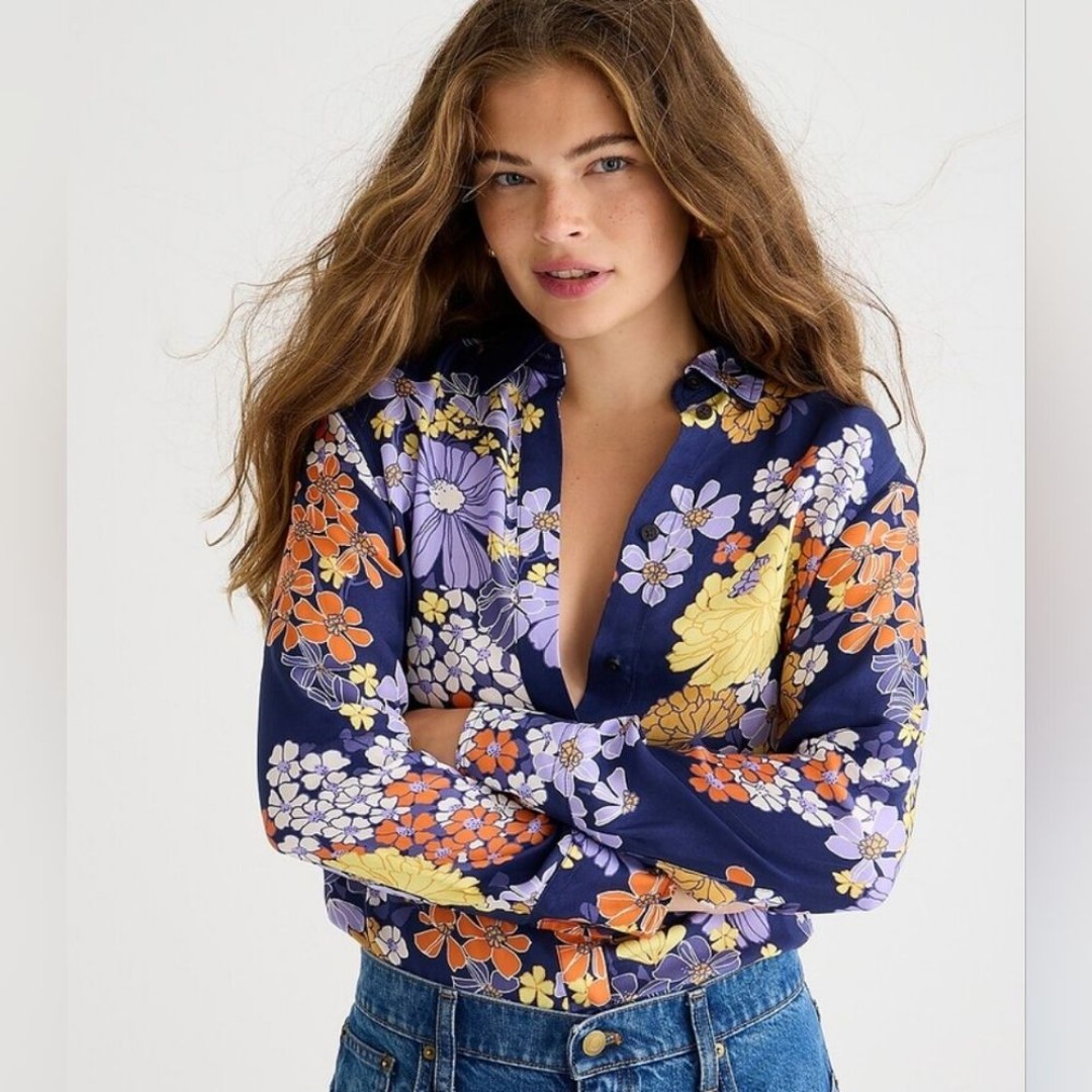 J. Crew Classic Fit Cupro Blend Button Up Shirt Dusk Floral Print