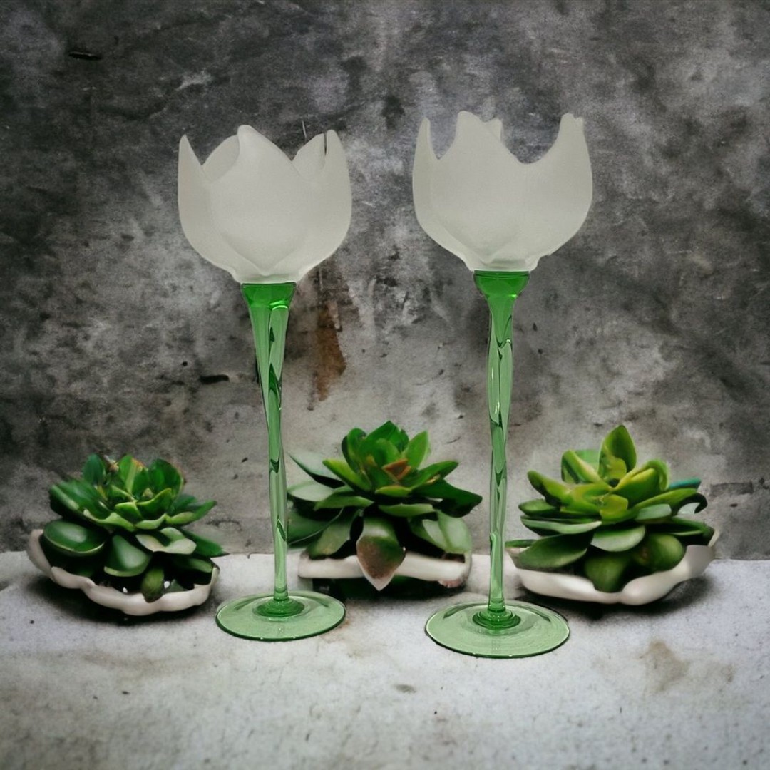 Pair of Vintage Italian Glass Tulip Candle Holders Vases