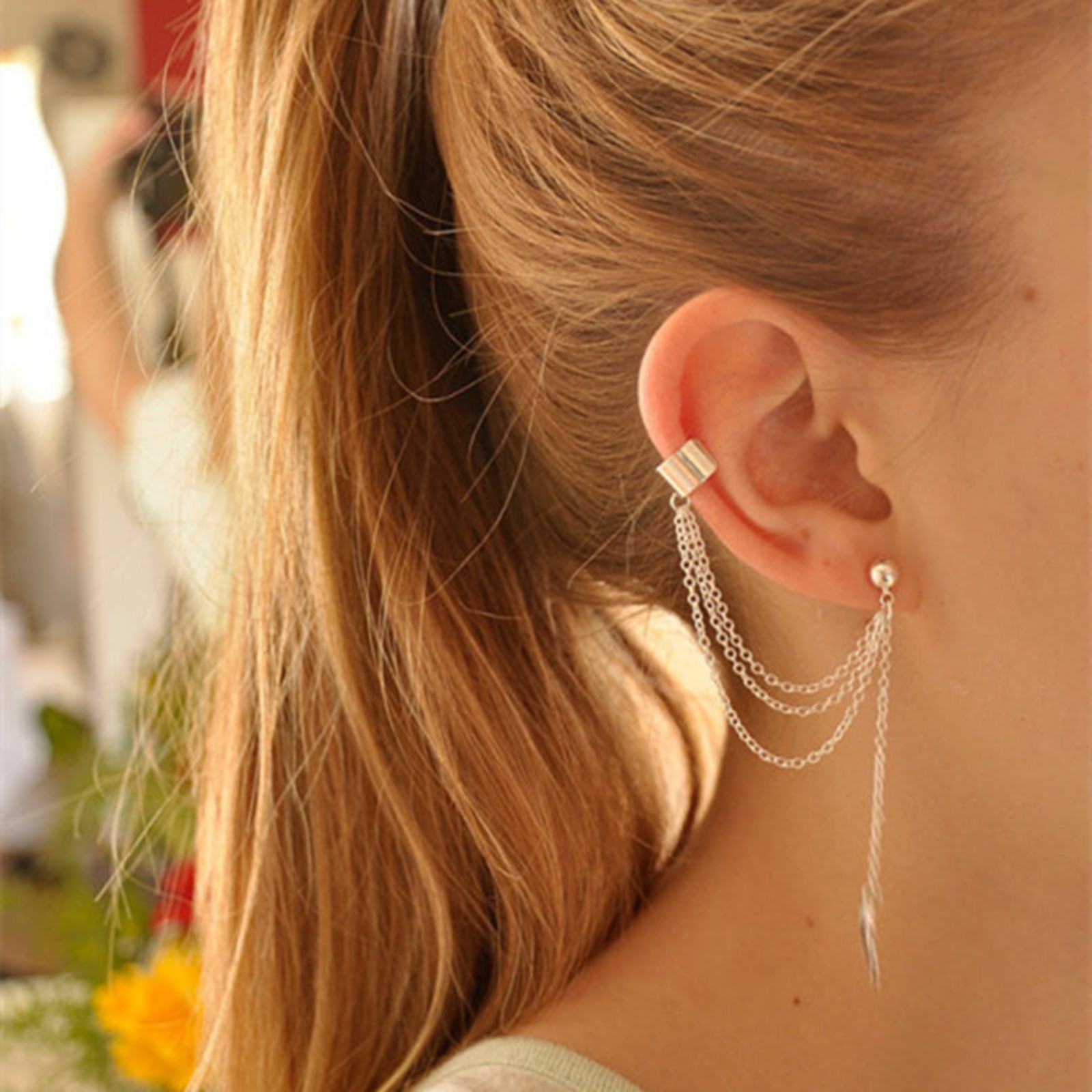 Leaf tassel geometric earring clip