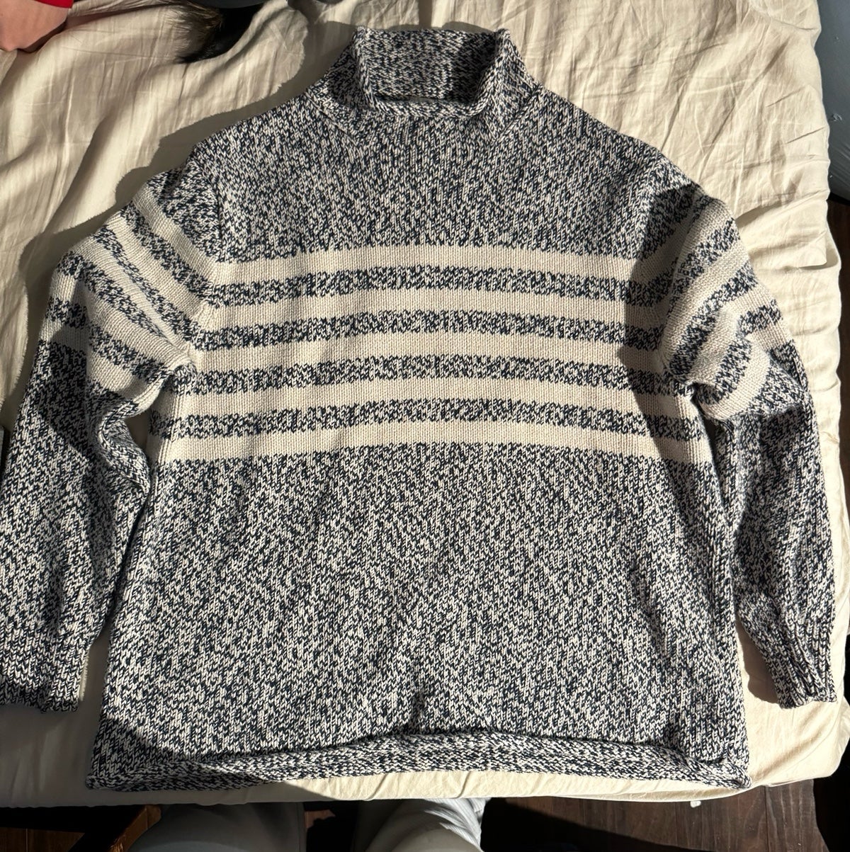 J. CREW Marled-Cotton Rollneck Sweater with Stripes, Navy Marl, XL