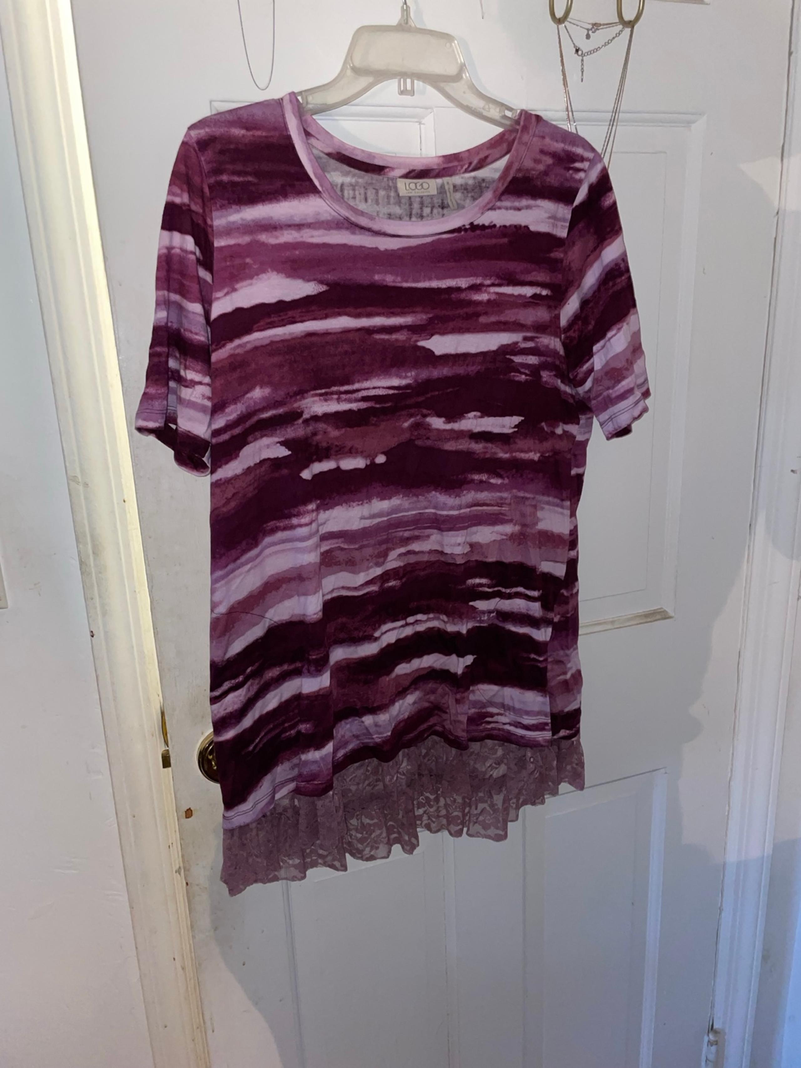 Logo by Lori Goldstein purple Striped Top with Lace Hem
