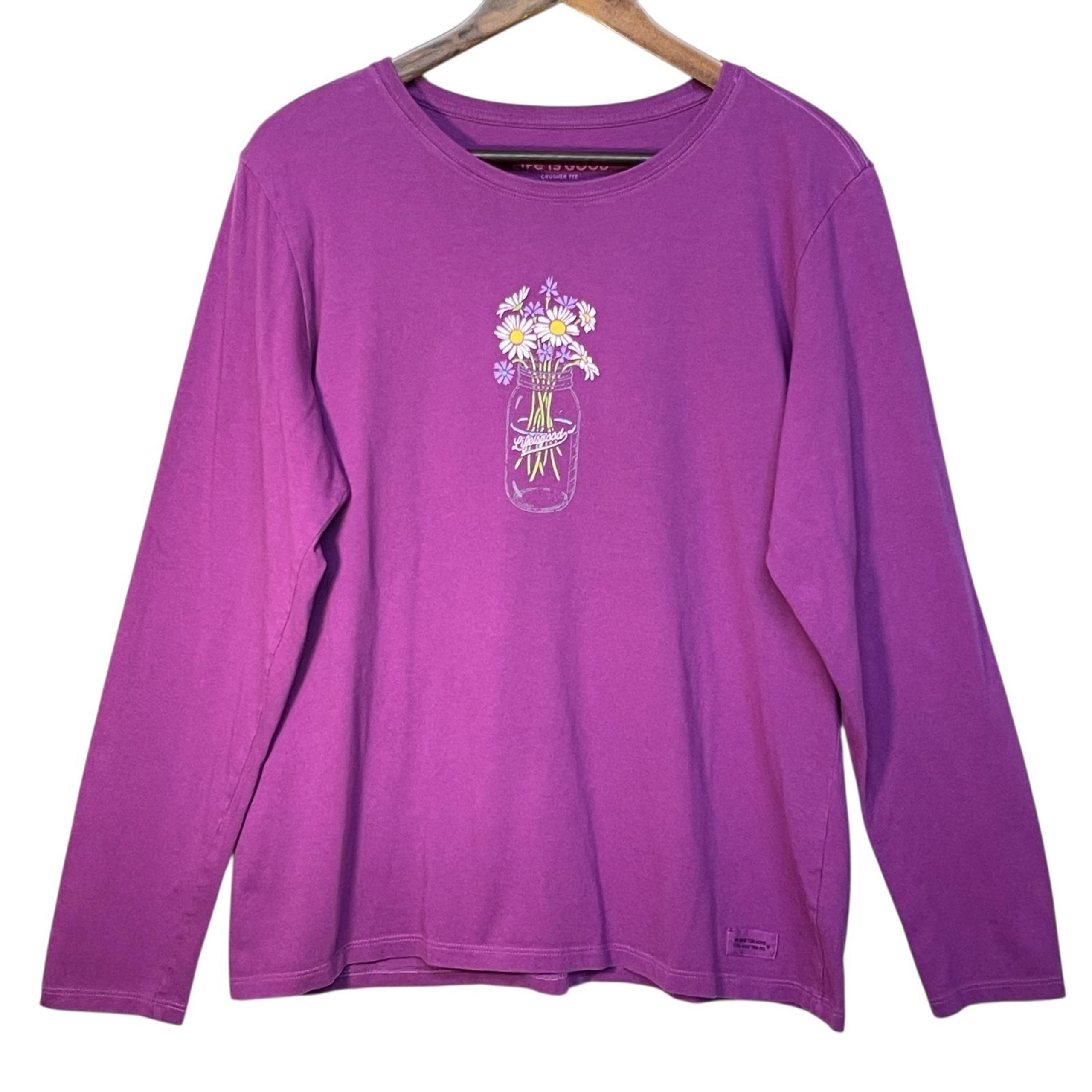 Life is Good Crusher Tee Women Size L Purple Floral Daisy Mason Jar Long Sleeves