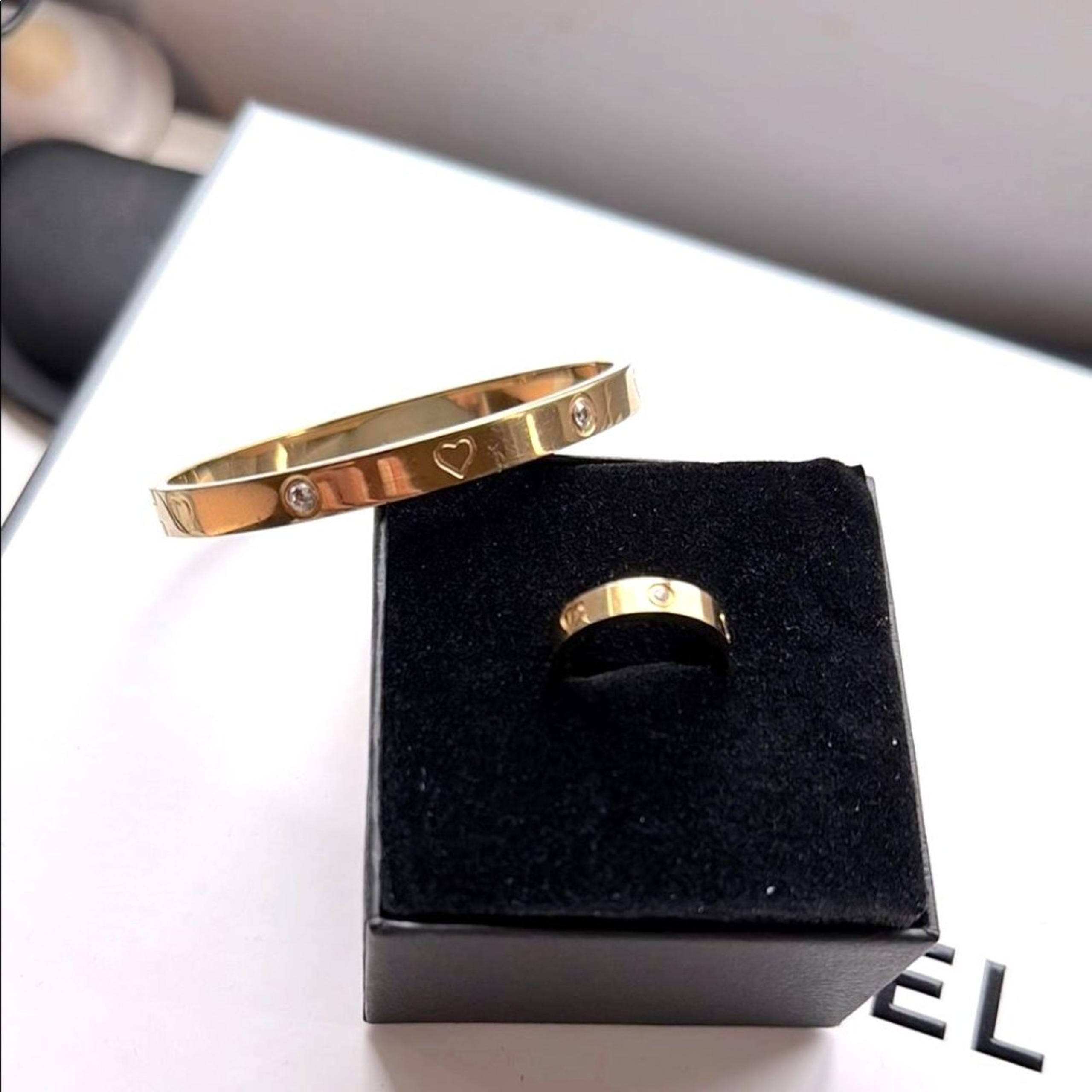 Stainless Steel Gold Plated Bracelet Ring Set with Heart & Crystal Size 5