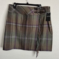 Lauren Ralph Lauren Wool Plaid Mini Skirt Fringe & Belt Holiday Women Size 16