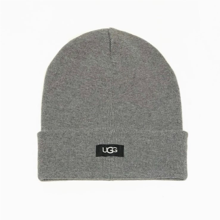 UGG Grey Ribbed Logo Beanie Hat NWT