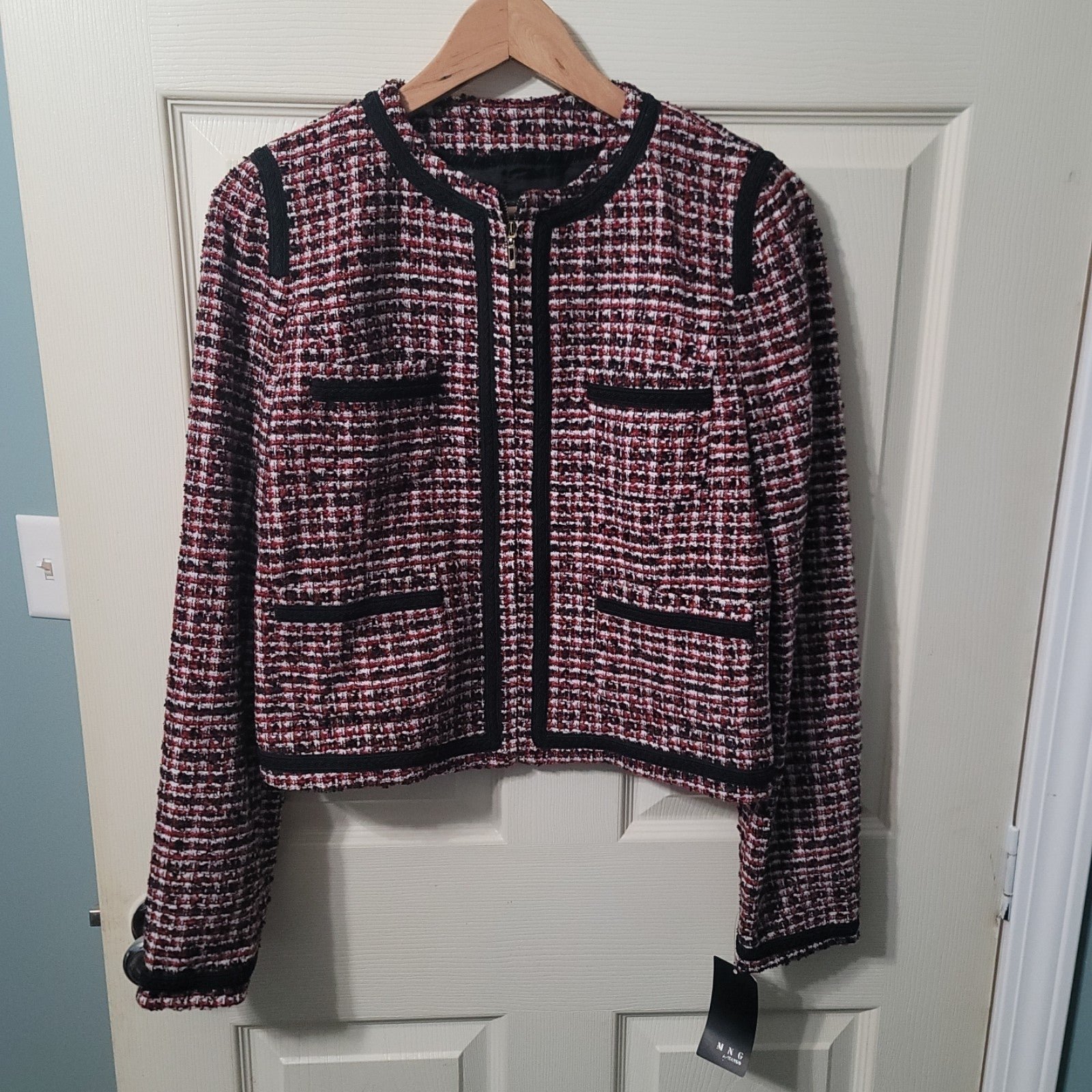 MNG by Mango Short/Crop Tweed Jacket red/black -Sz 8 NWT