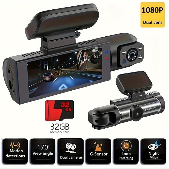 Dash Camera Front And Inside With 32G SD Card, 3.16inch Dash Cam 1080P, G Sensor
