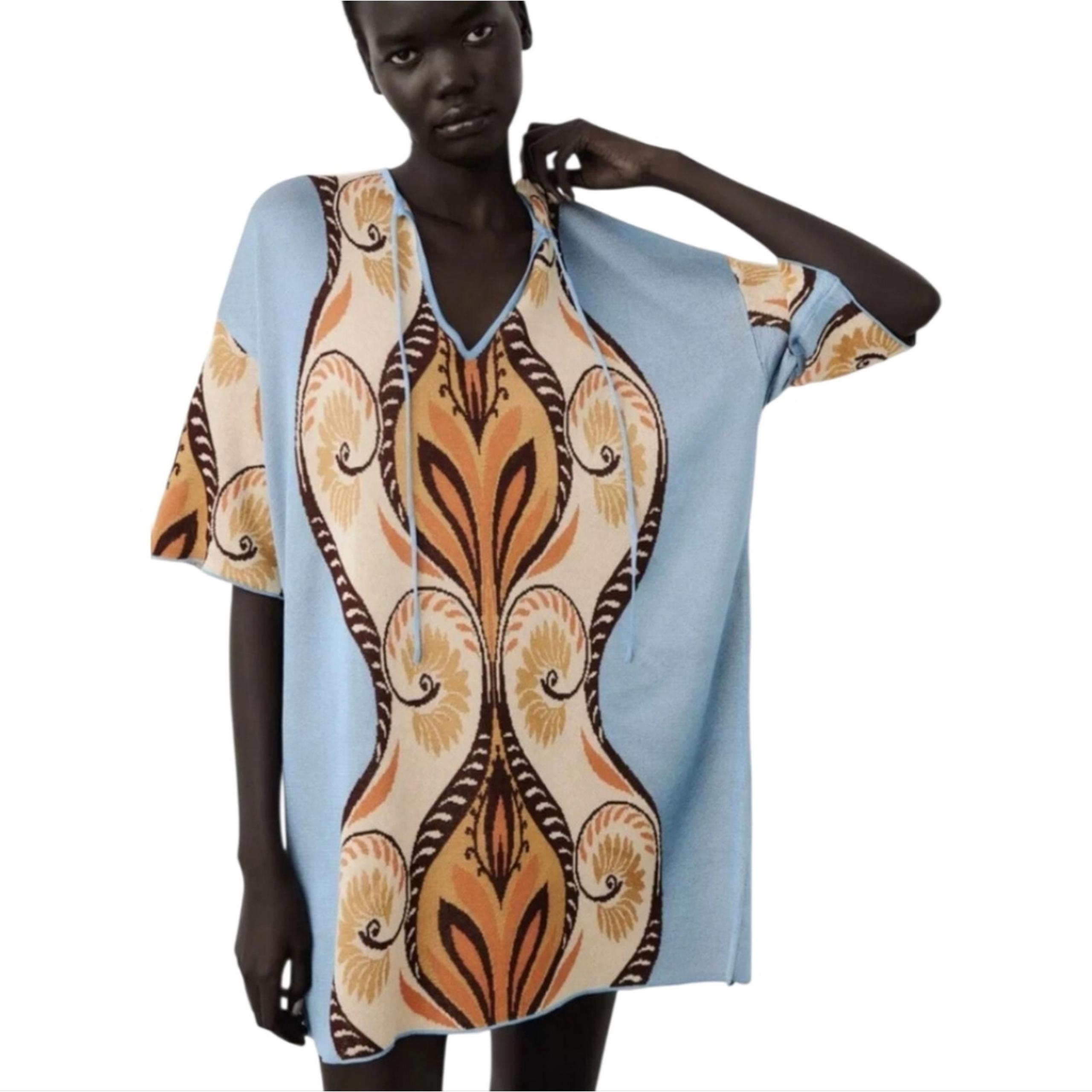 ZARA Jacquard Knit Tunic Sweater Mini Dress Long Sleeve Floral Print Sz M New