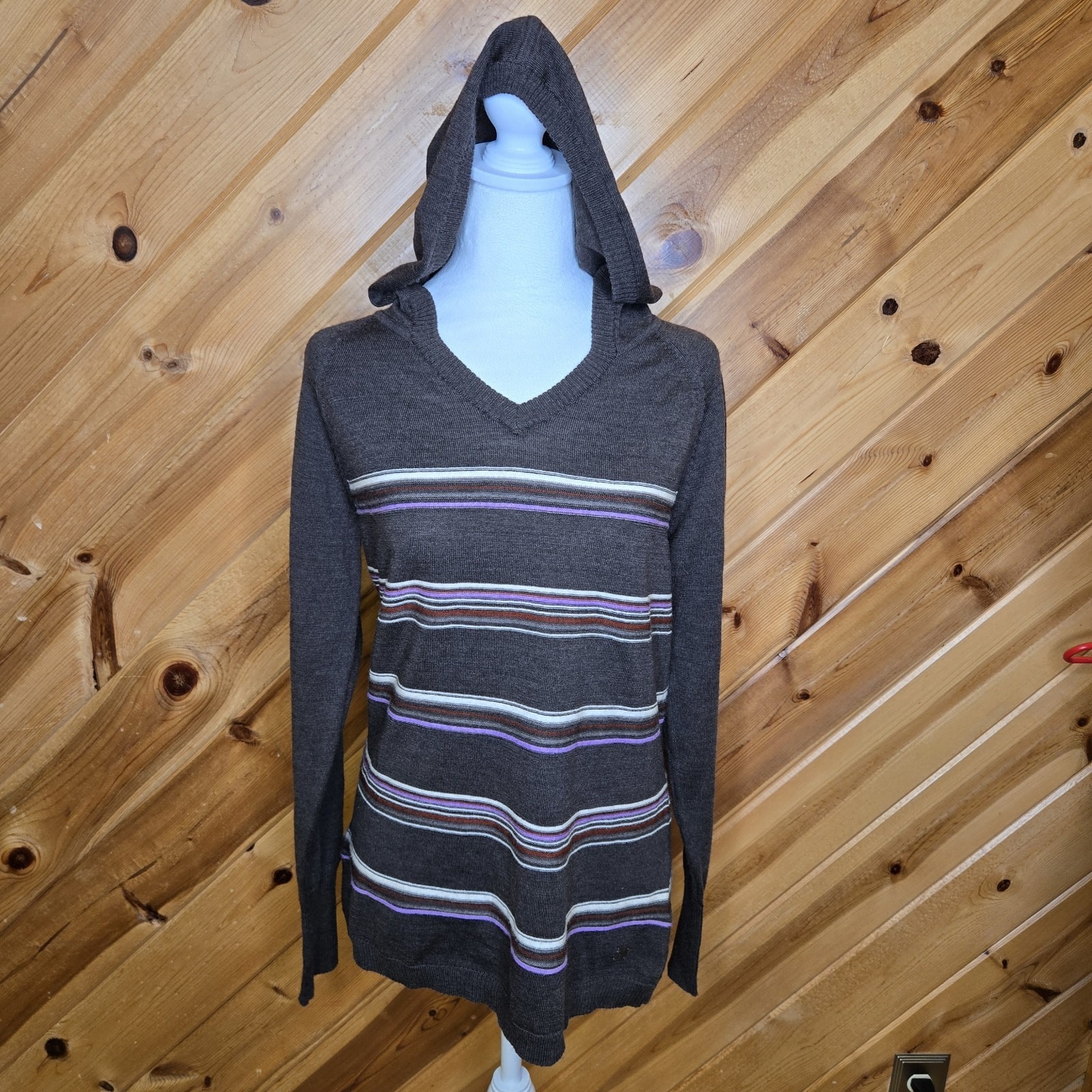Smartwool Brown Purple Striped Merino Wool Pullover Hoodie Sweater Large