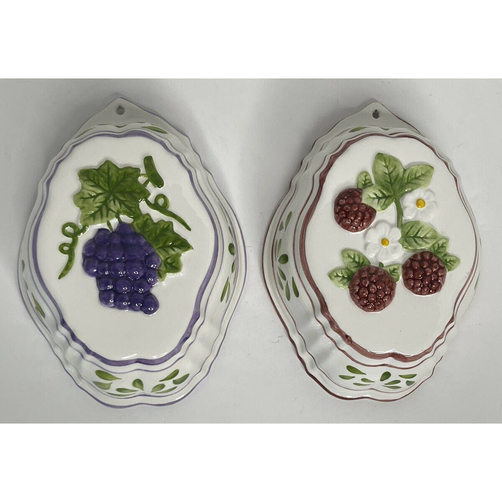 2 Vintage Ceramic Grapes Raspberries Jello Molds CBK Ltd Made In Philippines 6”