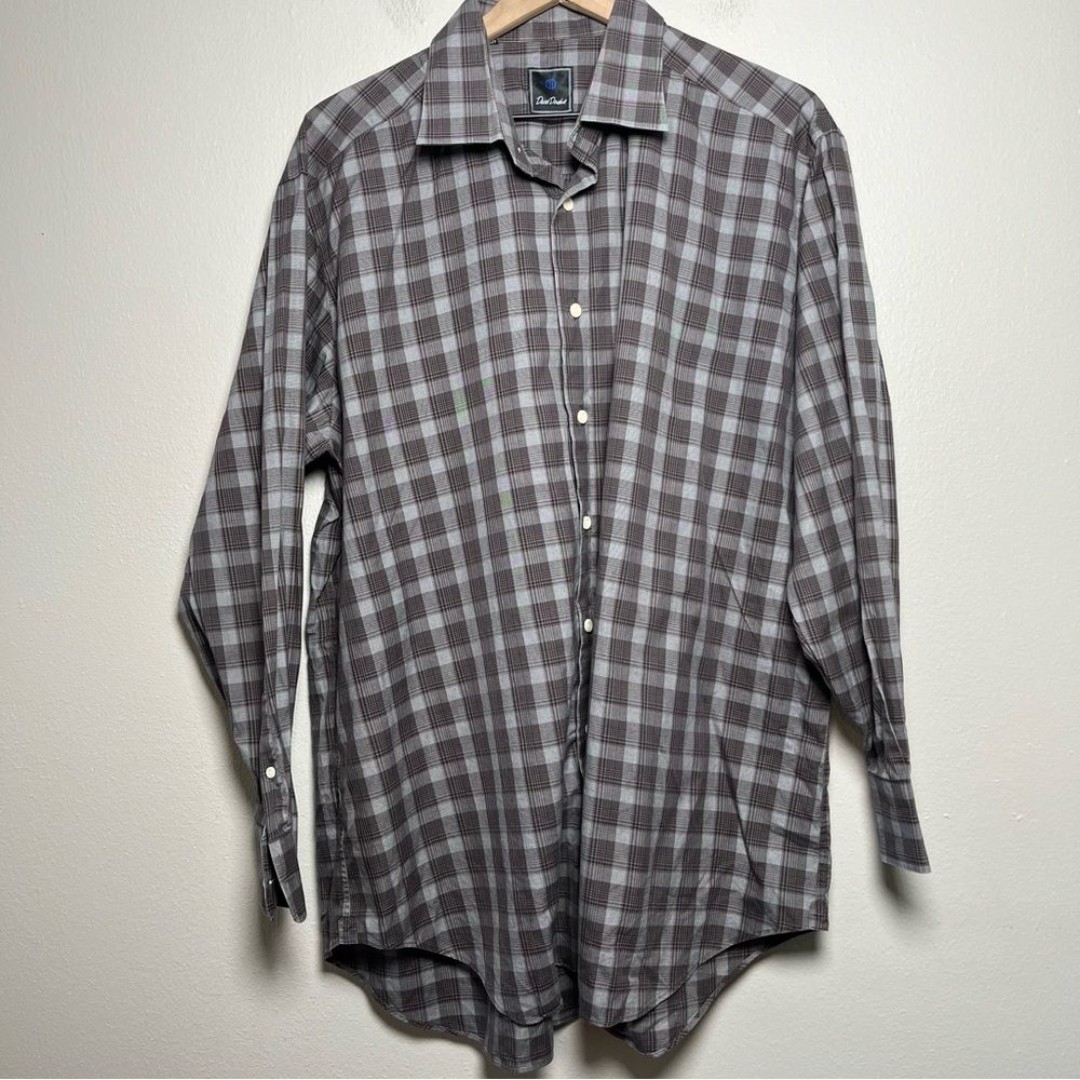David Donahue Men Button Down Shirt 18 Neck 34/35 Gray Geometric Plaid Grid