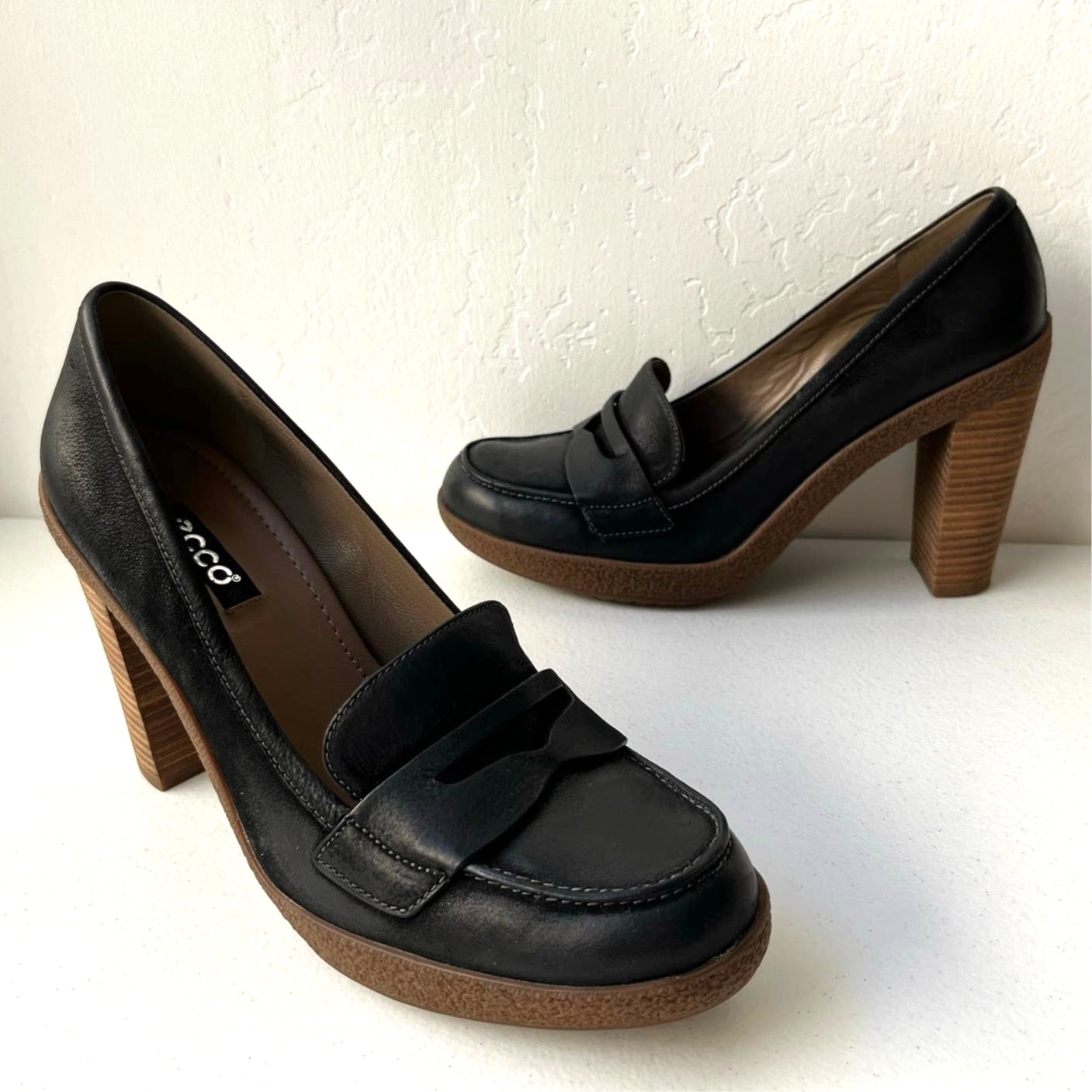 Ecco Nomane Chunky Leather Penny Loafer Heels Preppy Academia Size 40 = 9-9.5