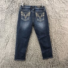 Vigoss Womens Size 2 Heritage Denim Whiskered Embroidered Denim Capri Jeans