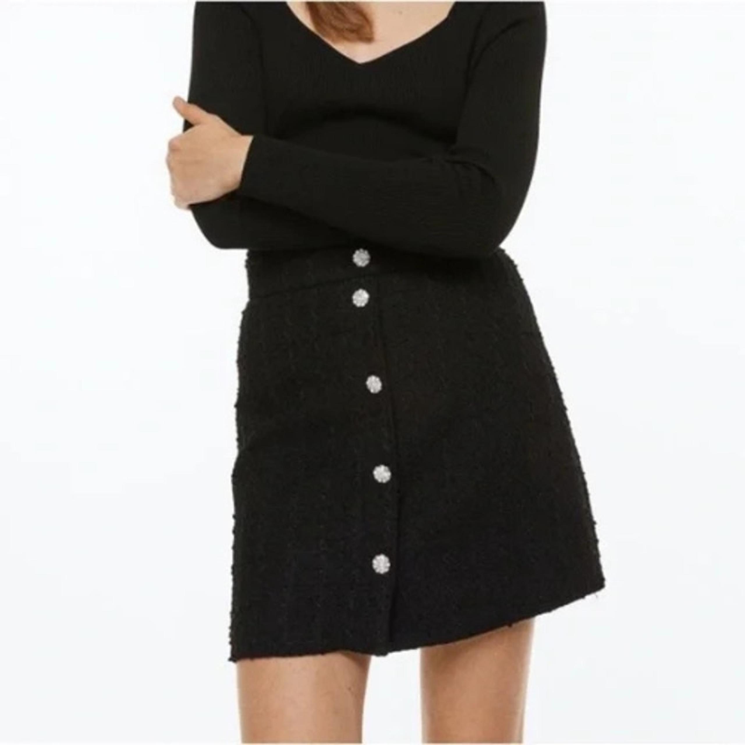 H&M Black Rhinestone Button Up High Rise Textured A-Line Mini Skirt Size 12
