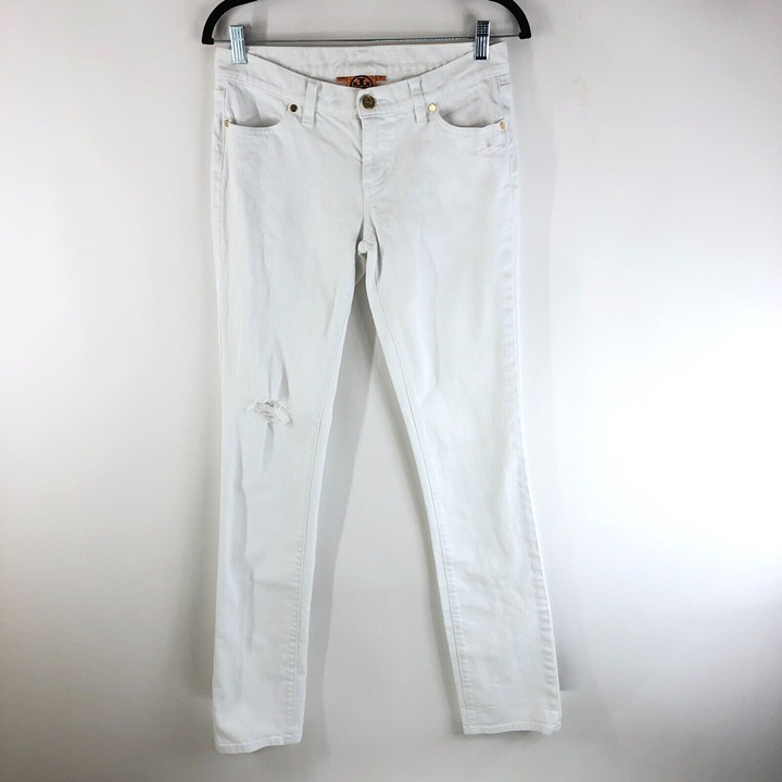 Tory Burch Womens Jeans Slouchy Slim Distressed Stretch White Size 26