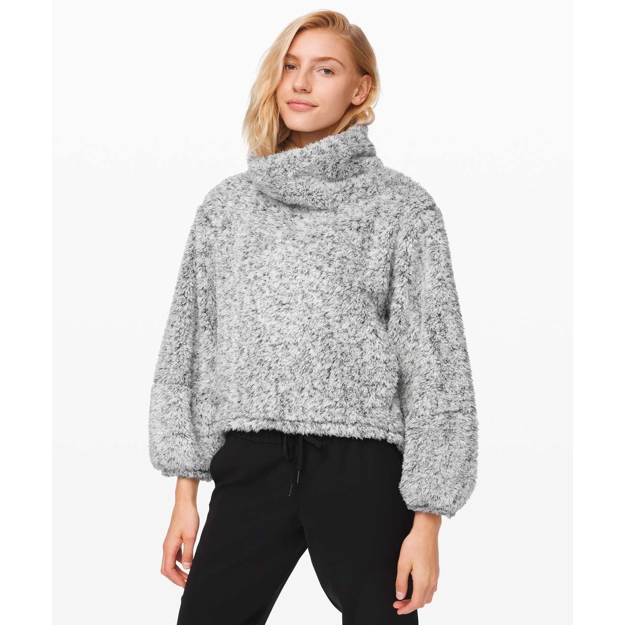 Lululemon Grey White Warmth Restore Sherpa Cowl Neck Pullover Sweatshirt - XS/S