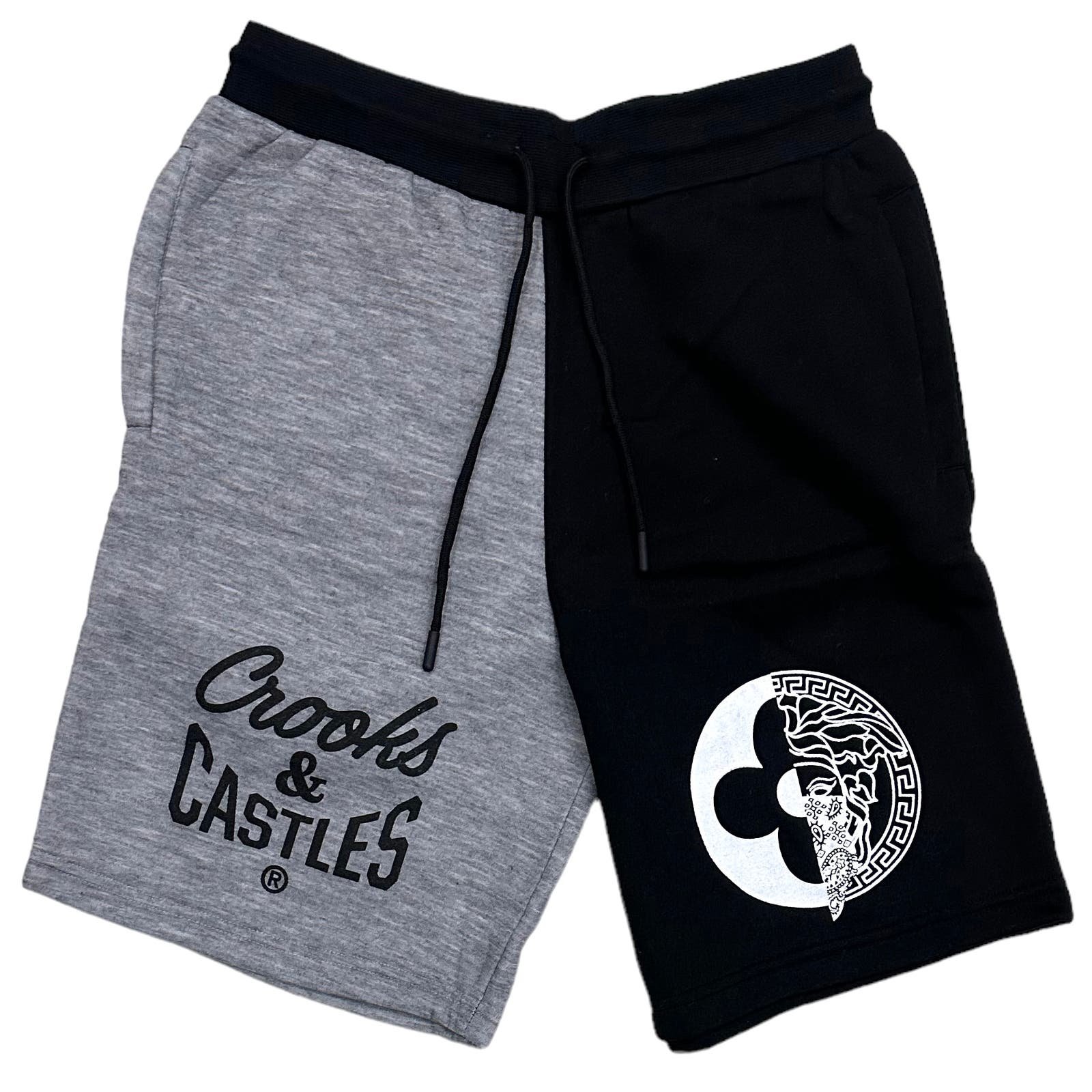 Crooks & Castles Men's Half Medusa Colorblock Sweat Shorts in Heather Grey/Black
