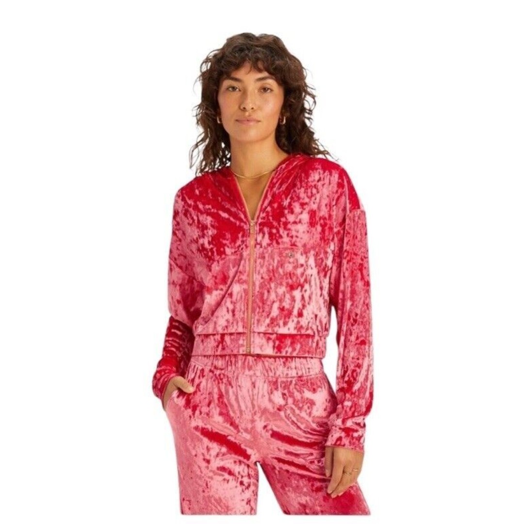 Fabletics Strawberry Crushed Velvet Zip-Up Hoodie Sweatshirt - 3X