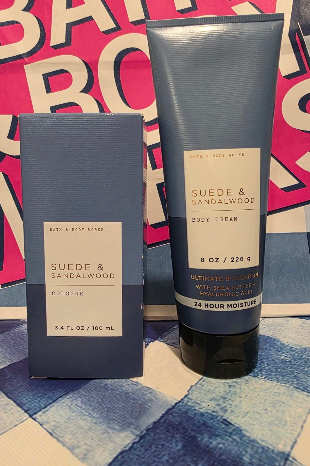 Suede & Sandalwood cologne & body cream for men from Bath and Body Works