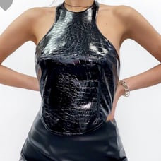 PU Knit Halter Croc Print crop top