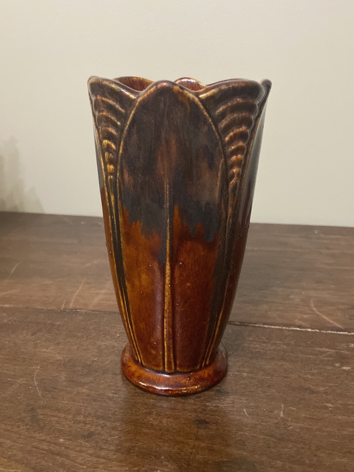 Vintage Brown & Black Glazed Stoneware Vase Scolloped Opening