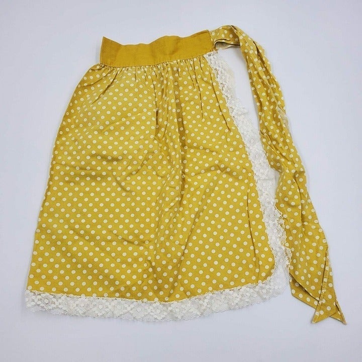 Vintage Yellow Ochre Polka Dot Print with Lace Trim MCM Retro Half Apron Pockets