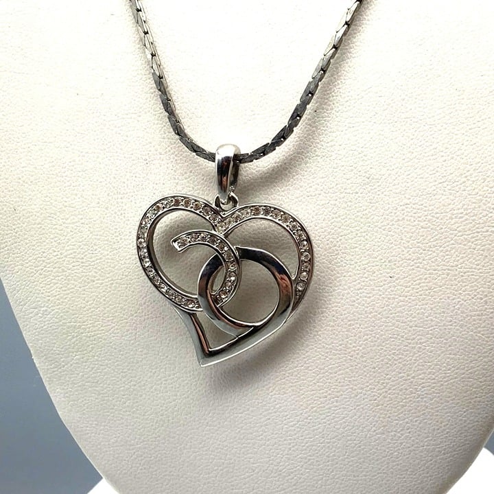 Vintage Flourishing Heart Pendant Necklace, Stylized Pave Crystals on Silver Ton