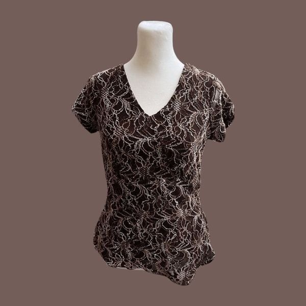 Vintage Style & Co. Women's Short Sleeve Beaded Abstract Lace Brown Top Size PS