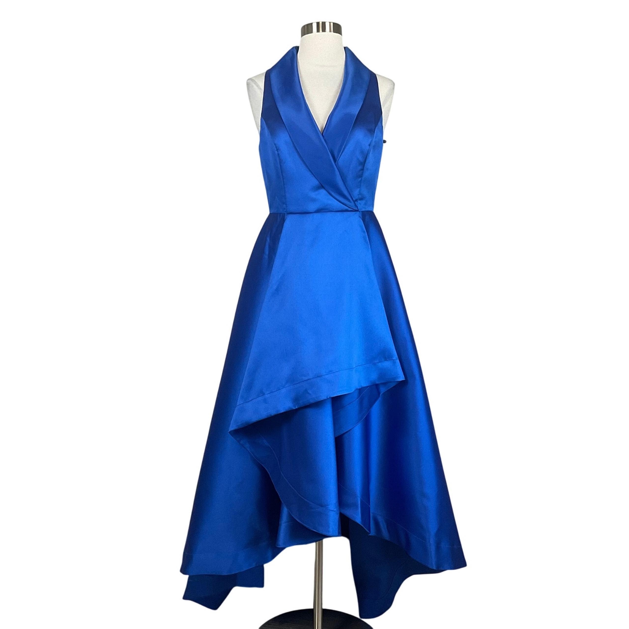 Adrianna Papell Women's Formal Dress Size 4 Blue Satin High Low Tuxedo Gown