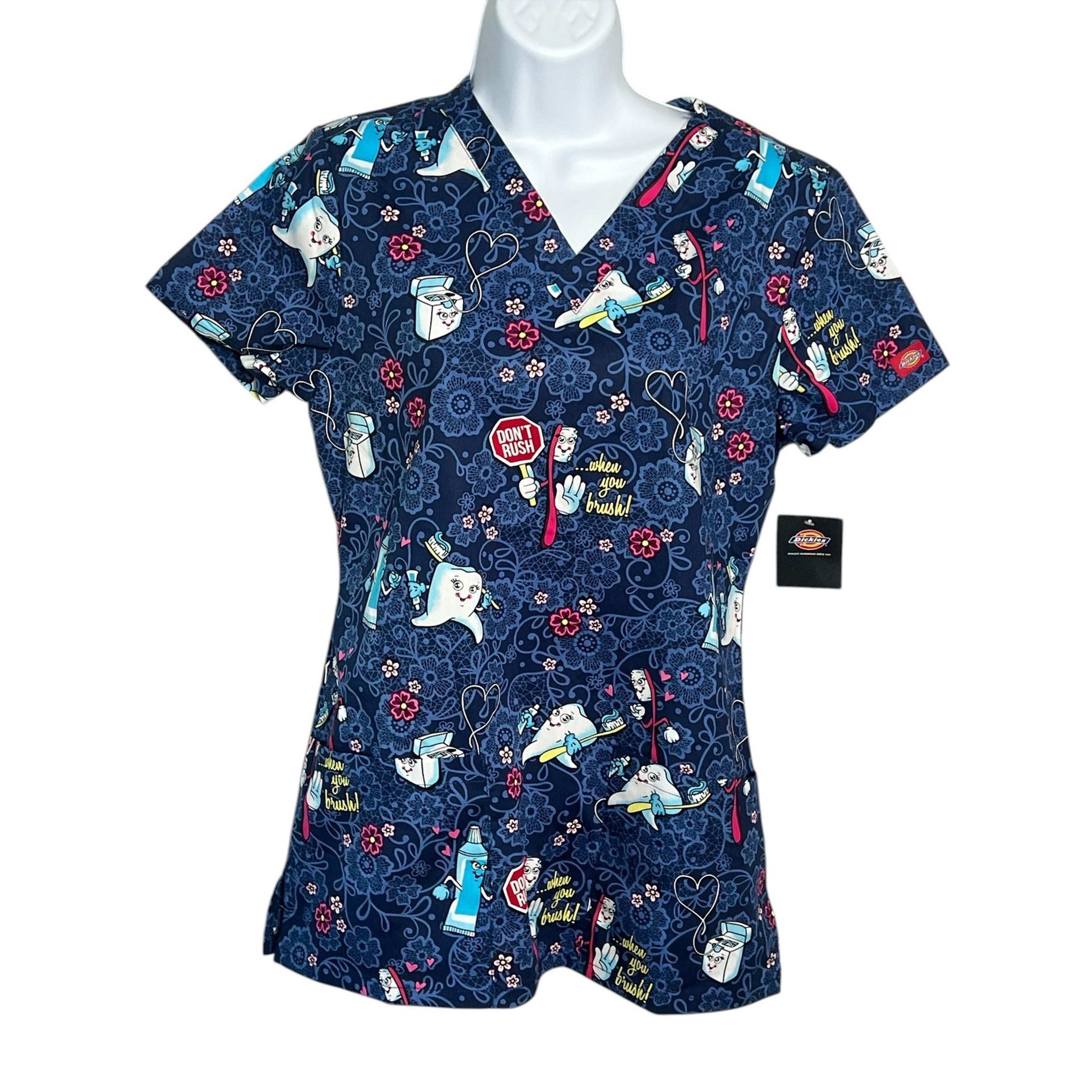 Dickies Dental Print Scrub Top Medical Uniform XS Cartoon Tooth Dentist