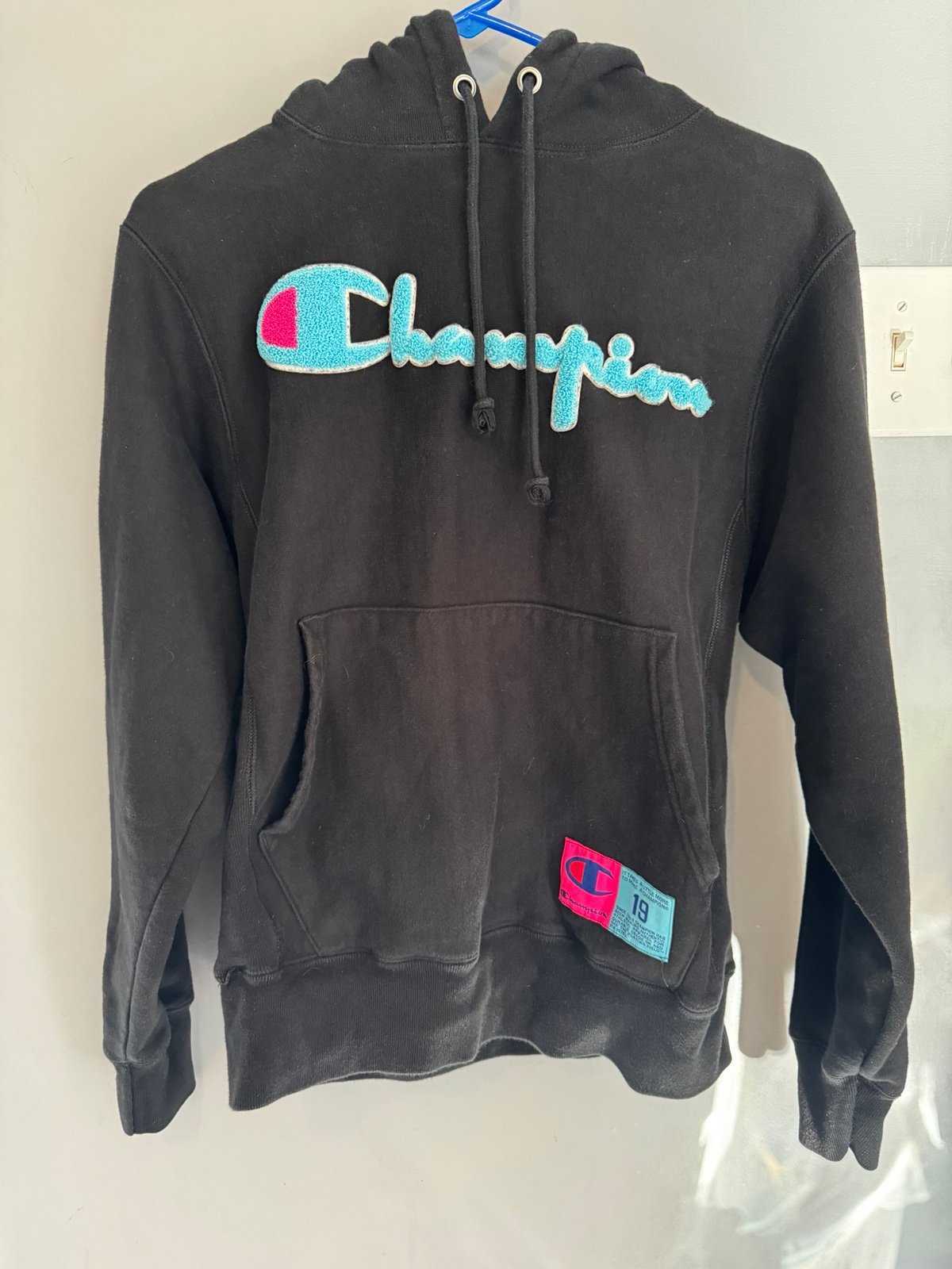 Champion Women's Reverse Weave Hoodie Size Small Black Neon Pink Blue Sweatshirt
