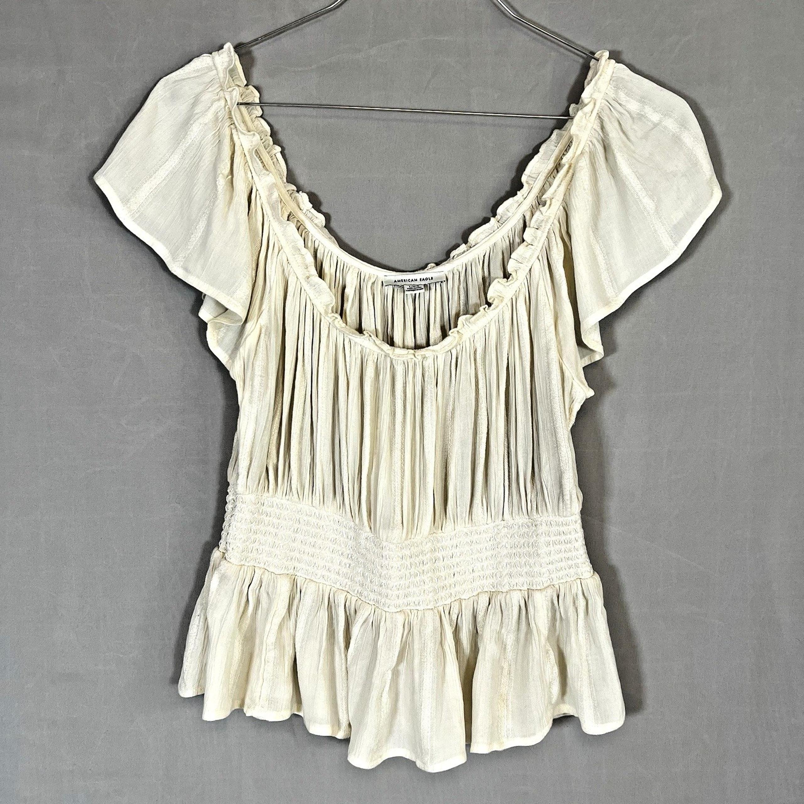 American Eagle Off the Shoulder Top Women's L Cream Boho Babydoll Ruched