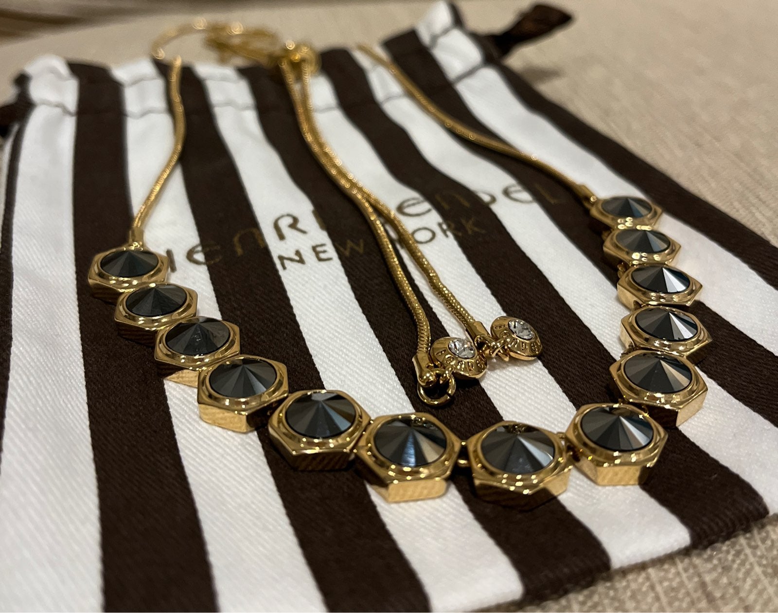 Henri Bendel Gunmetal Crystal Slider Necklace NWOT