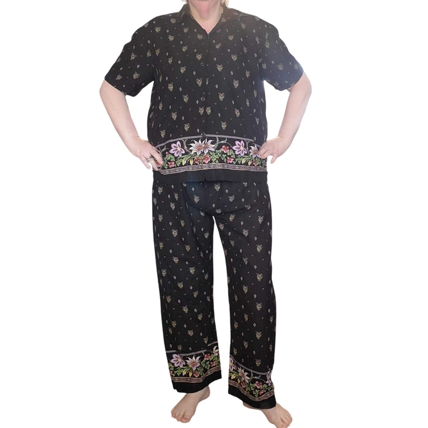 Nick & Nora Size XL Black Floral Pajama XL Cotton SET Lightweight Short Sleeve