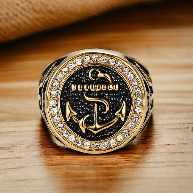 Size 7 Gold Plated Anchor US Navy US Marine CZ Ring
