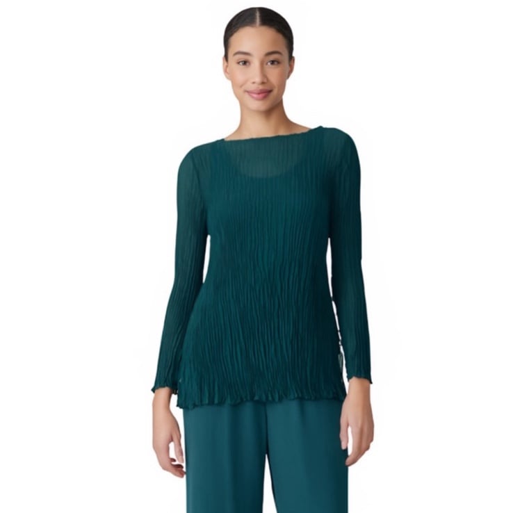NWT Eileen Fisher Crinkled Sheer Silk Georgette Bateau Neck Long Top