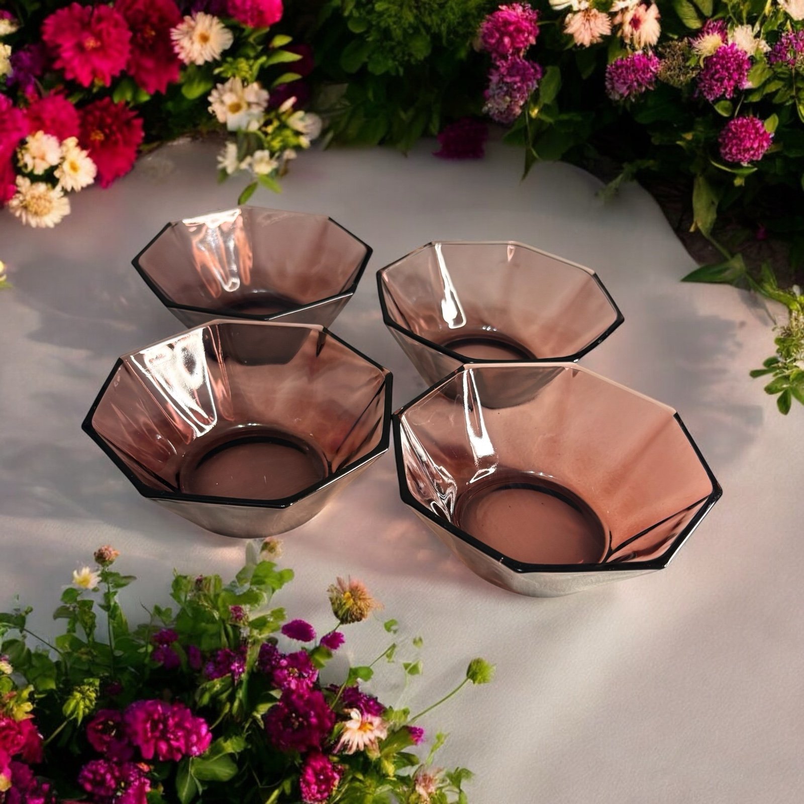 4 1960 Hazel Atlas Moroccan Purple Amethyst Octagon Fruit Dessert Glass Bowls