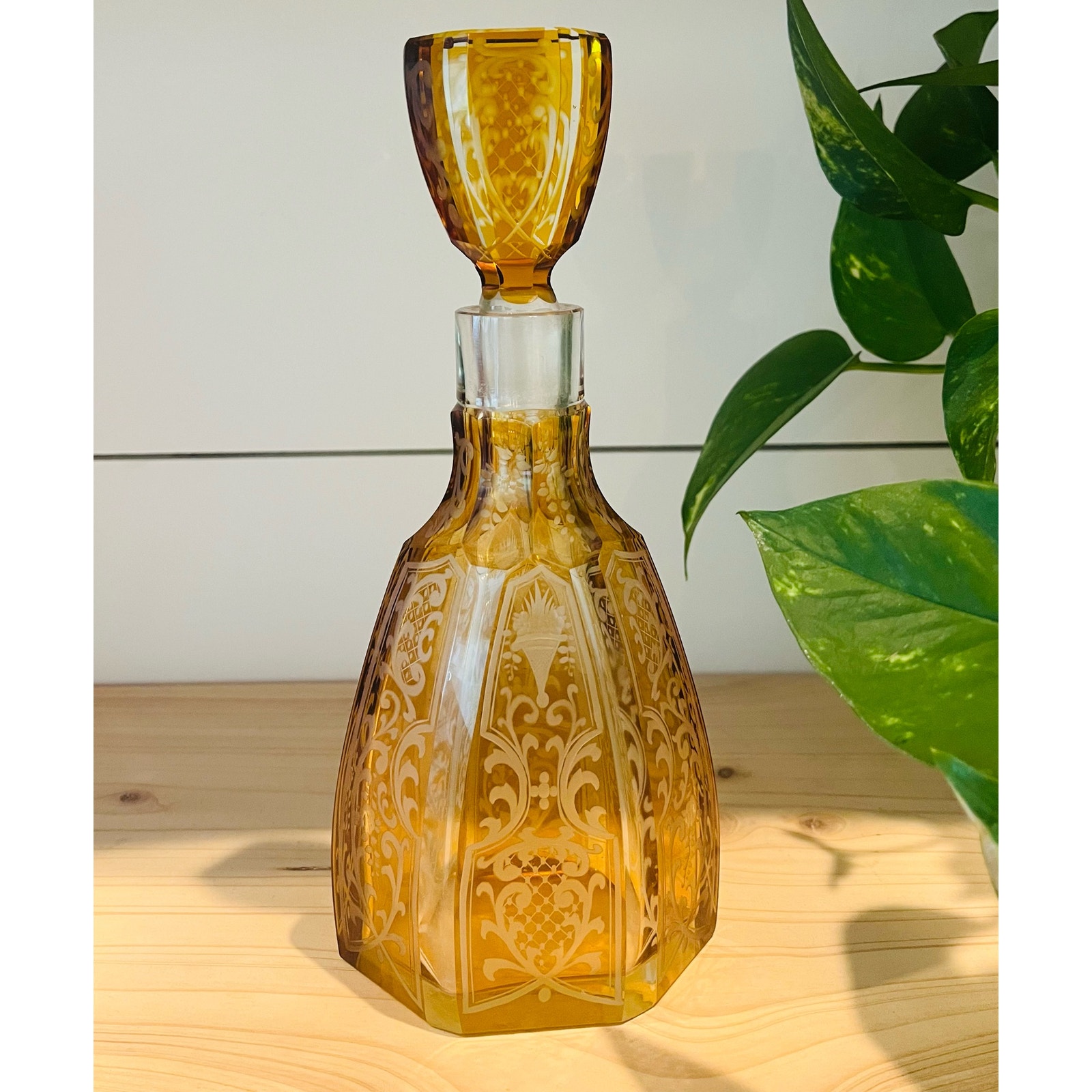 Vintage MCM Czech Bohemian Dark Honey Amber Gold Etched Crystal Decanter Rare