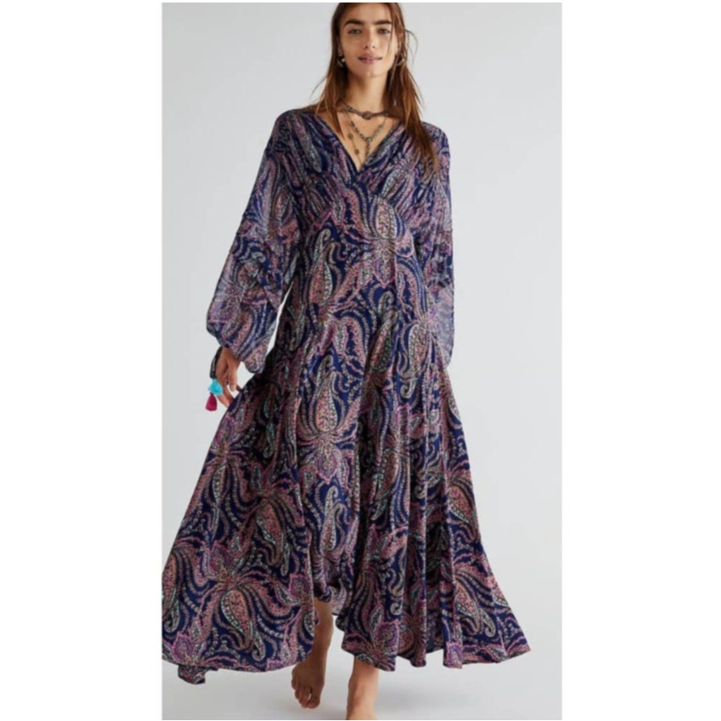 New Free People Mirage Boho Paisley Maxi Dress 198 Size 0 Long Sleeve