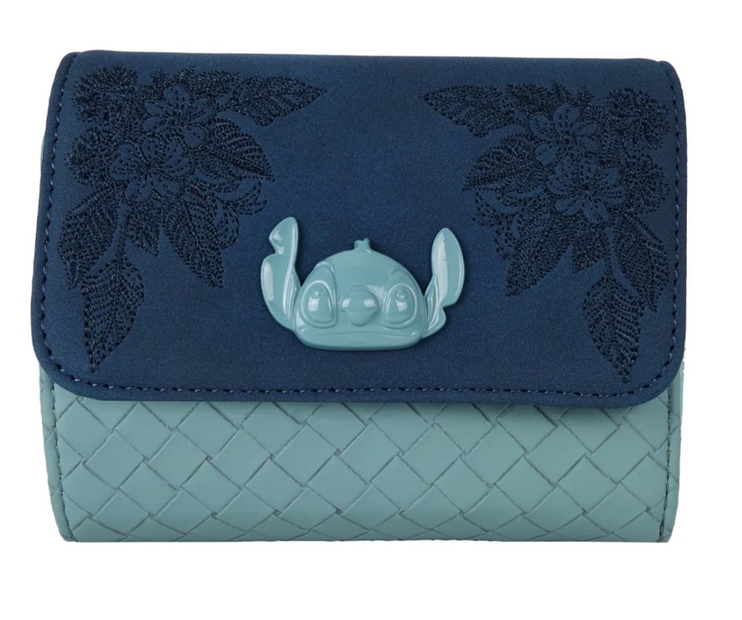 NWT Stitch Disney Loungefly Blue Embroidered Floral Trifold Wallet