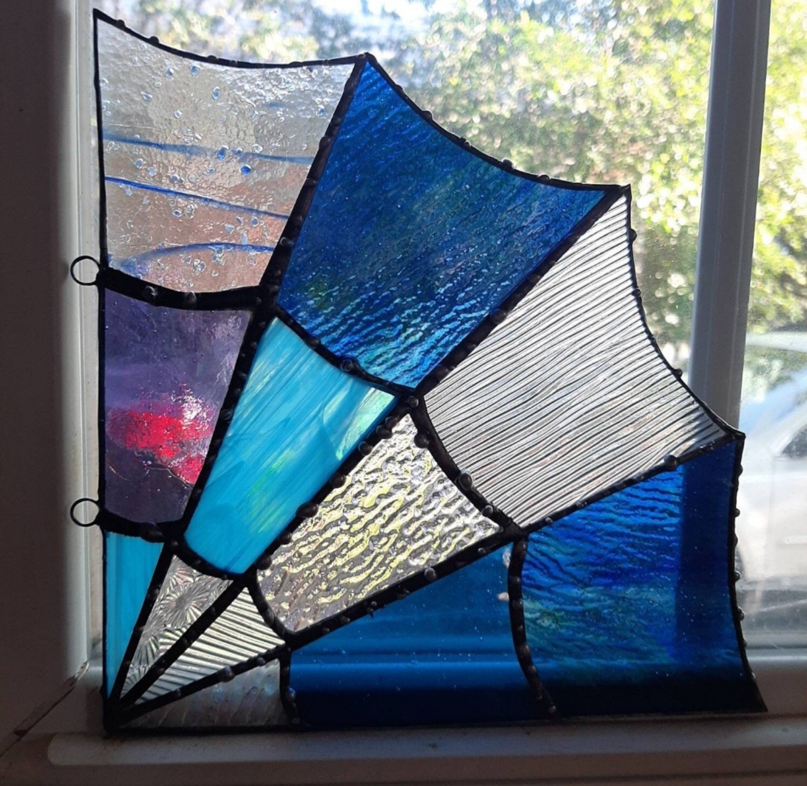 Stained glass studded dewdrop spiderweb corner - blue textures