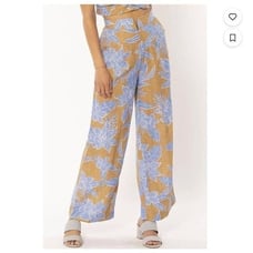 Amuse Medium Brown Blue Tropical Floral Print High-Waist Flowy Pants Linen Blend