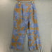 Amuse Medium Brown Blue Tropical Floral Print High-Waist Flowy Pants Linen Blend