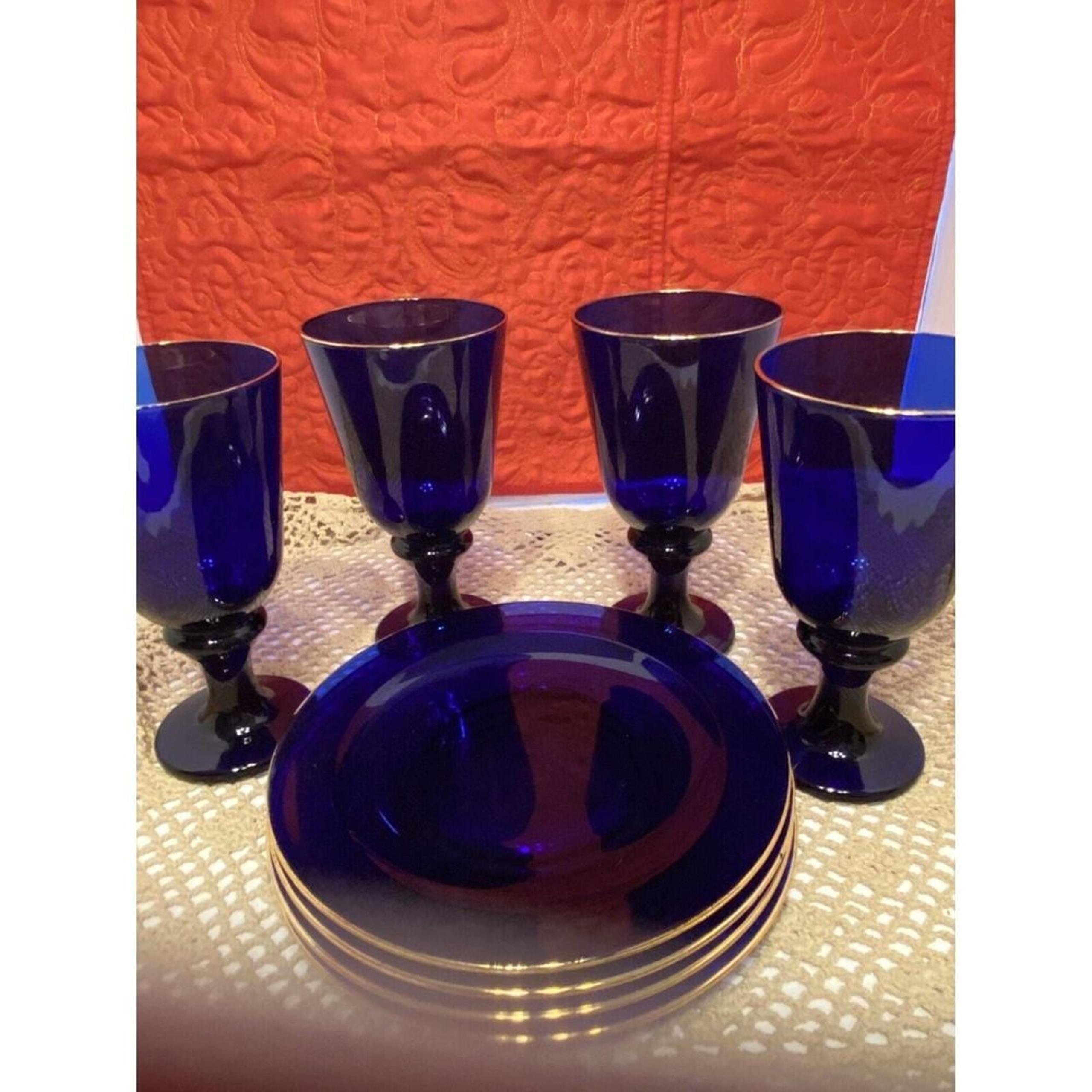 Libbey Cobalt Blue GOLD TRIM Flare Water Goblets & Salad Plates Set Of 4 Each