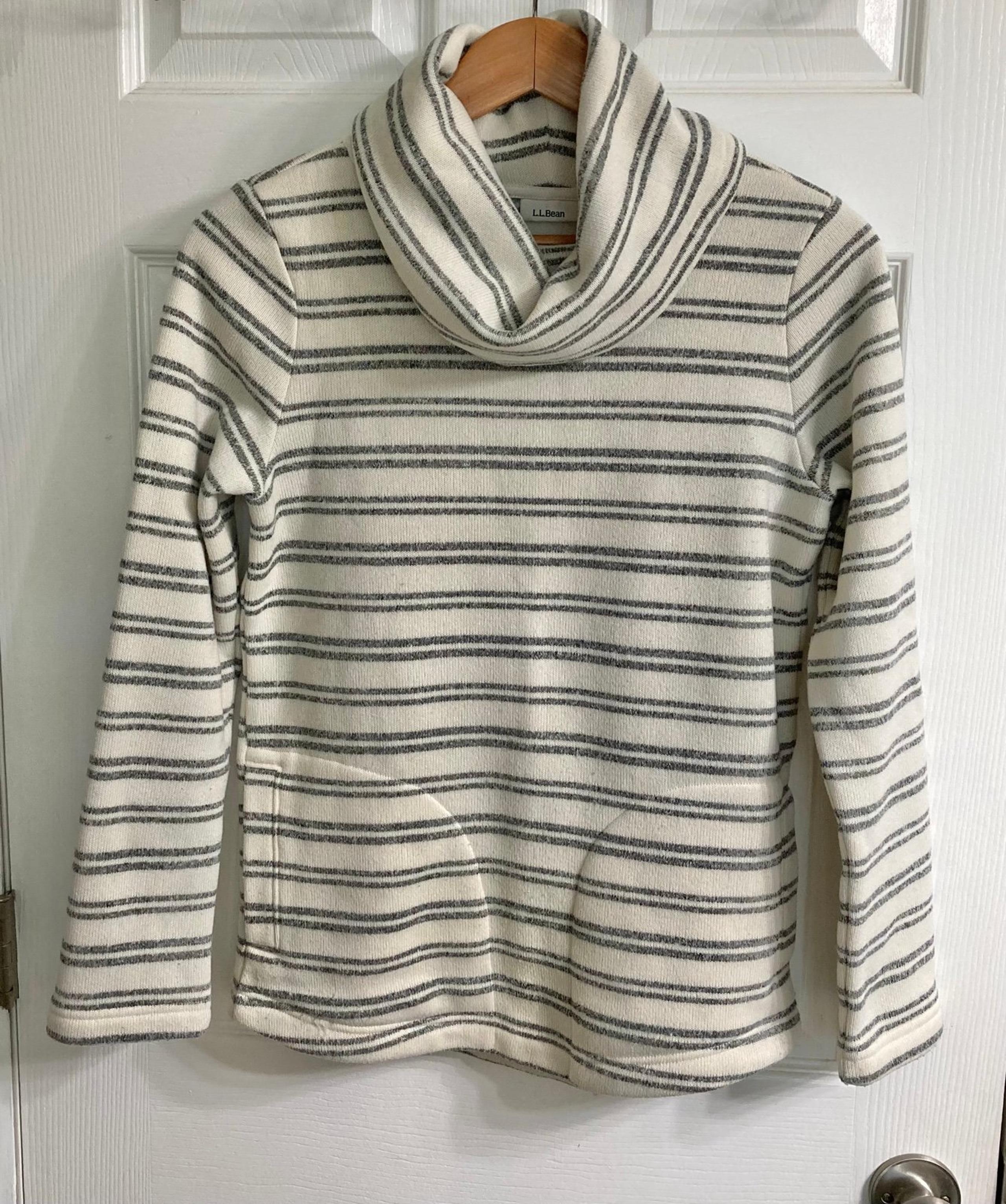 LL Bean Womens XS Cowl Neck Stripe Knit With Pockets Cream Sweater Sweatshirt