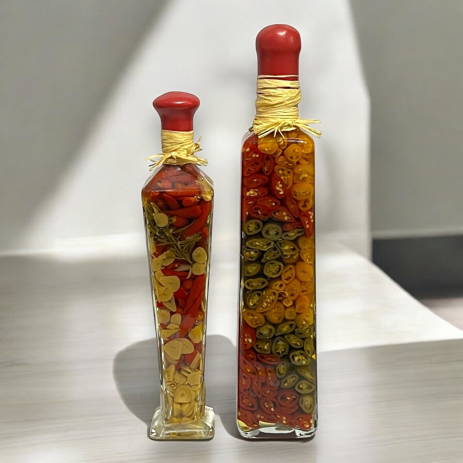 Chili Pepper Red Green Yellow Pepper Vinegar Kitchen Decor 2 Glass Bottle