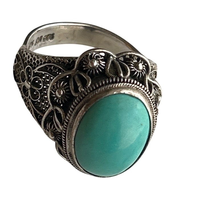 Signed BJ .925 Sterling Silver & Green Turquoise Ornate Statement Ring Size 11