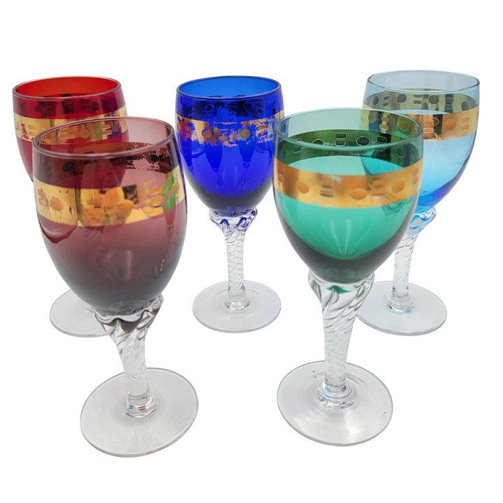 Mid Century Bohemian Wine Glasses Jewel Tone Gold Twisted Stemware Barware